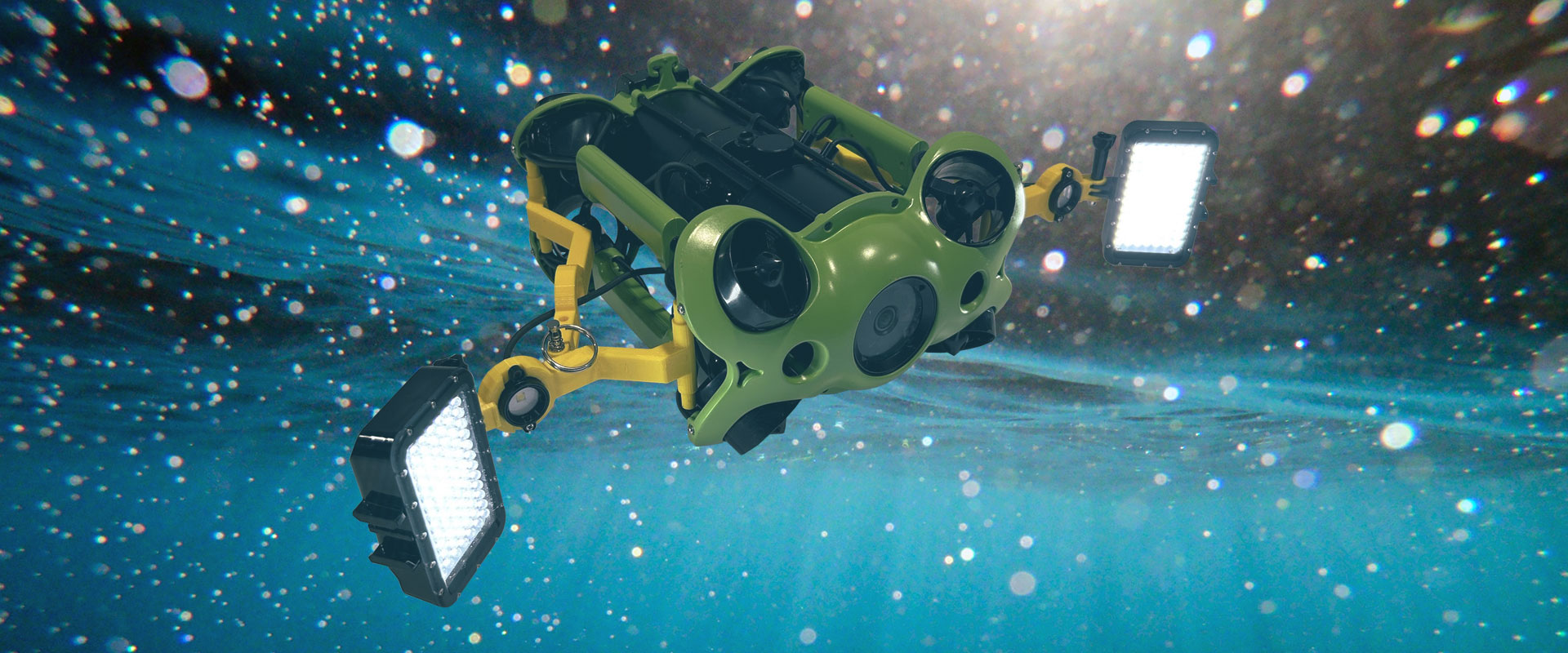 BSI submersible ROV with LED lights underwater, used for visual inspection inside storage tanks
